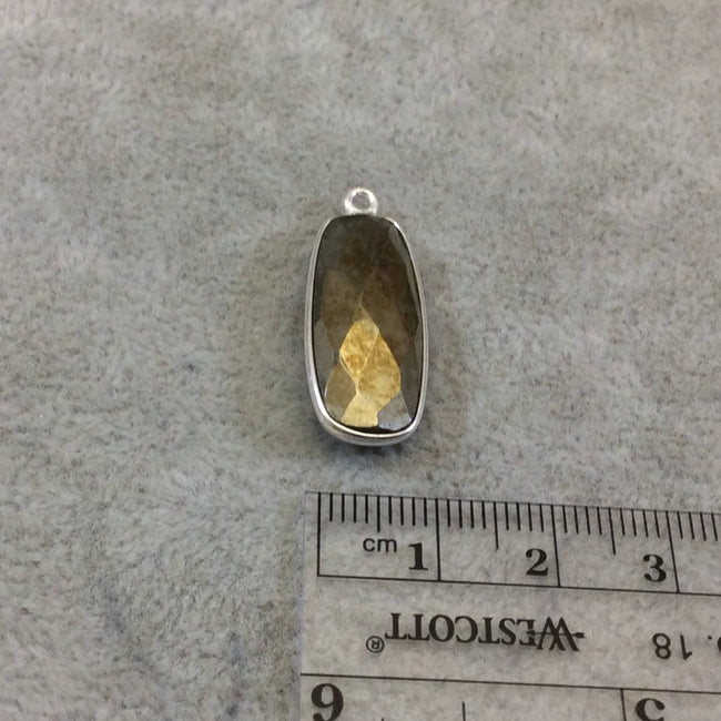 Sterling Silver Faceted Rectangle Shaped Natural Pyrite Bezel Pendant Component - Measuring 10mmx25mm - Sold Individually, Random