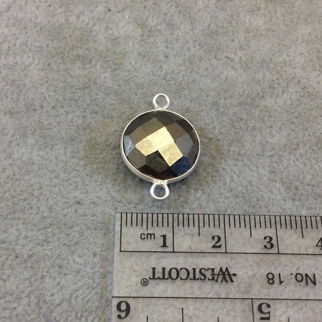 Sterling Silver Faceted Round/Coin Shaped Natural Pyrite Bezel Connector Component - Measuring 16mm - Sold Individually, Random