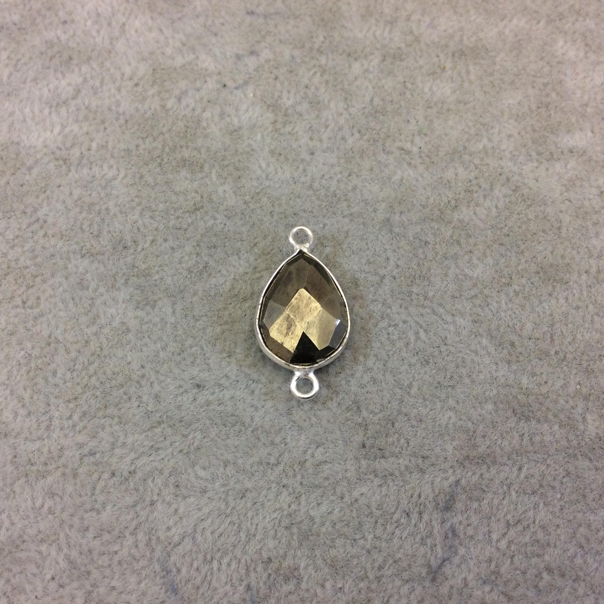Sterling Silver Faceted Teardrop Shaped Natural Pyrite Bezel Connector Component - Measuring 12mmx16mm - Sold Individually, Random