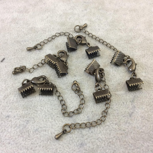 Clasp 8mm Wide Brass Colored Textured Base Metal Ribbon/Fiber End Crimps With Lobster Claw Clasp- Sold In Pack of Five Sets As Shown!