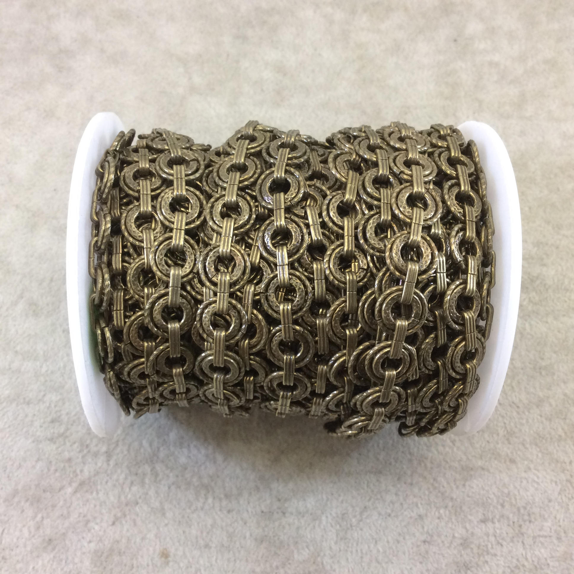 Brass Plated Brass Double Circle/Wreath Articulated Flat Chain - 9mm x 9mm Round Links With Flat Connectors - Sold By the Foot! (CH476-BR)