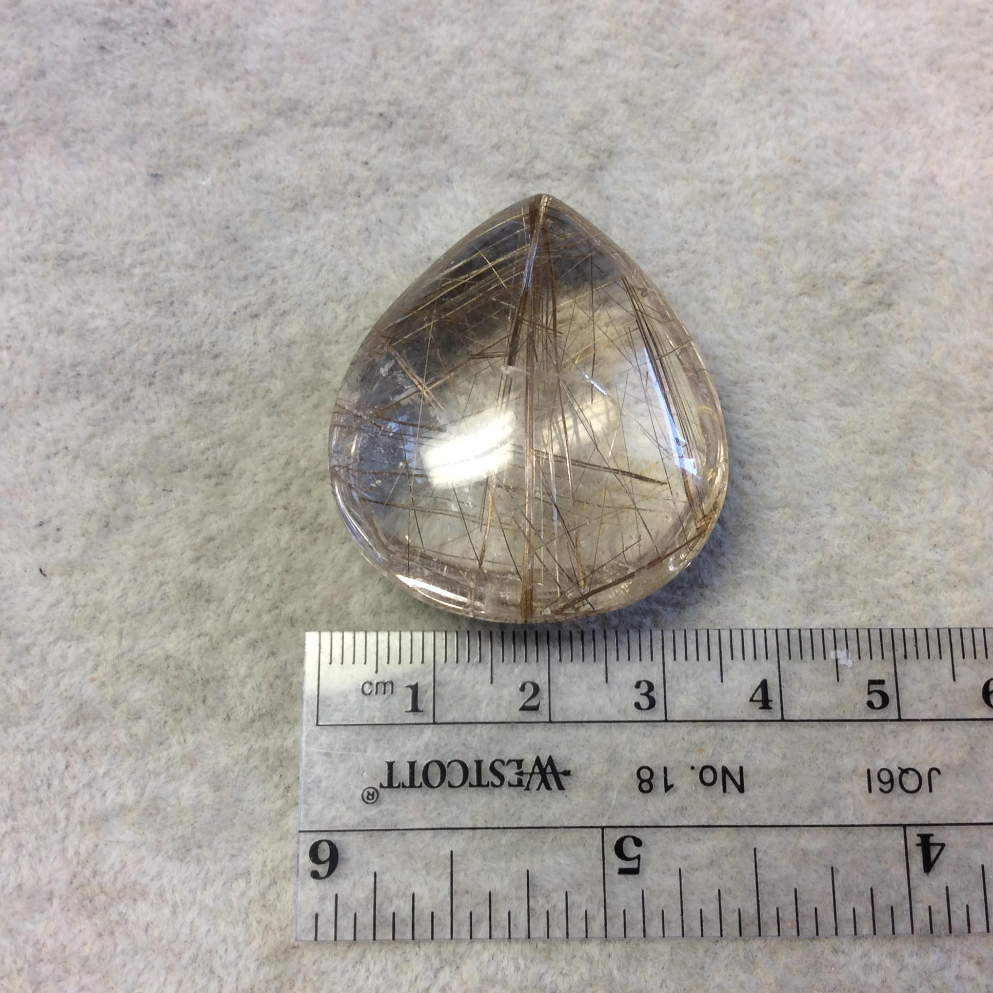 OOAK Natural Rutilated Quartz Teardrop/Pear Shaped Cabochon "N" - Measuring 34mm x 38mm, 16.2mm Total Height - High Quality Gemstone