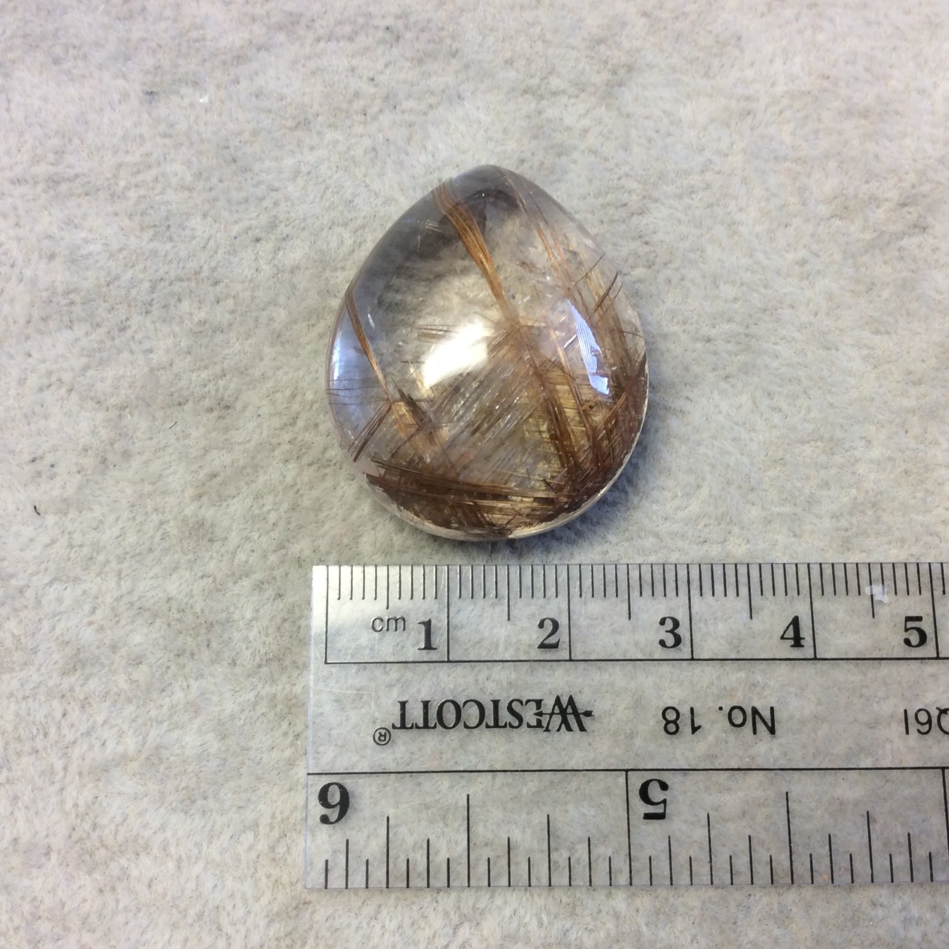 OOAK Natural Rutilated Quartz Teardrop/Pear Shaped Cabochon "L" - Measuring 26.5mm x 32mm, 13.9mm Total Height - High Quality Gemstone