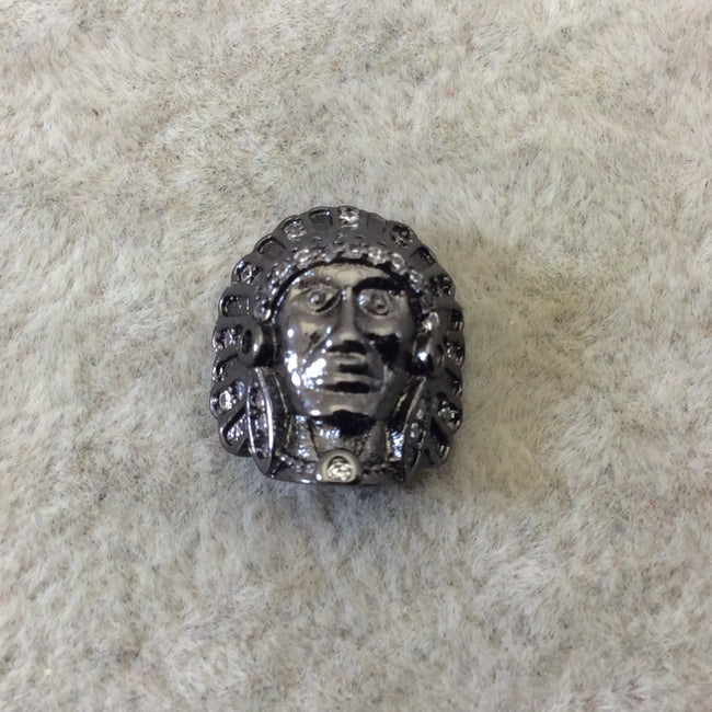 Gunmetal Plated CZ Cubic Zirconia Inlaid Native American Head Shaped Bead White CZ - Measures ~ 13mm x 15mm,  - Sold Individually, RANDOM