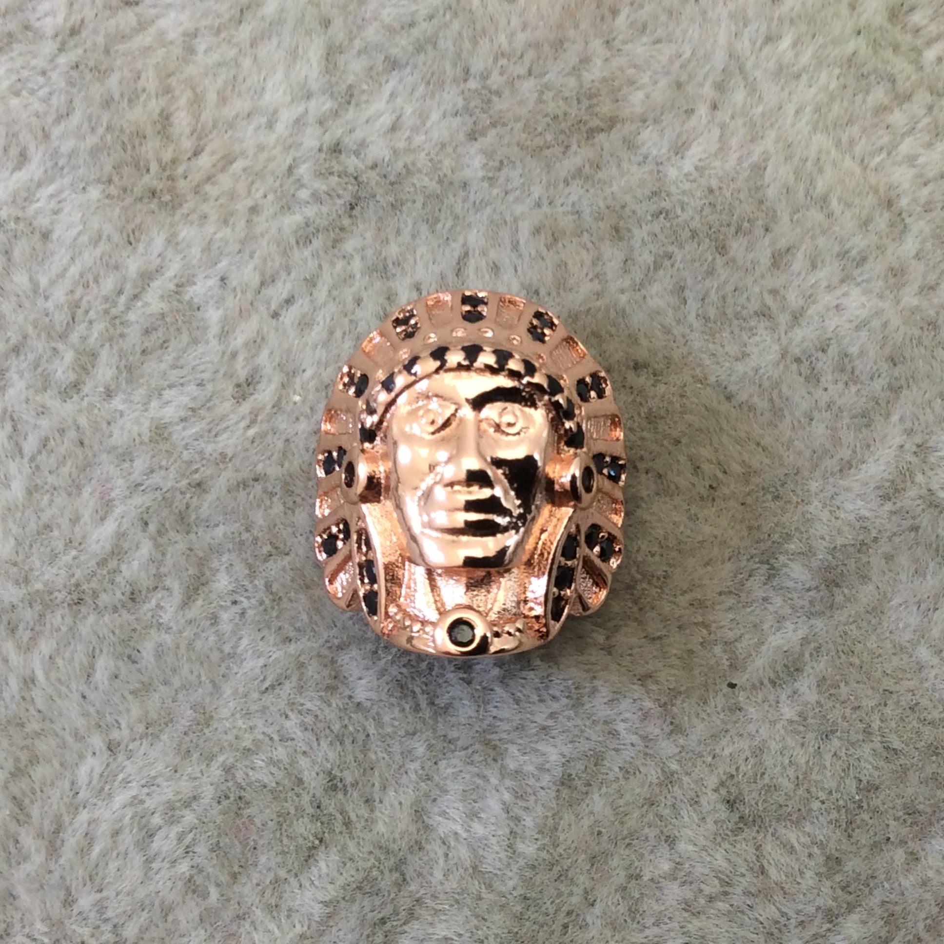 Rose Gold Plated CZ Cubic Zirconia Inlaid Native American Head Shaped Bead Black CZ - Measures ~ 13mm x 15mm,  - Sold Individually, RANDOM