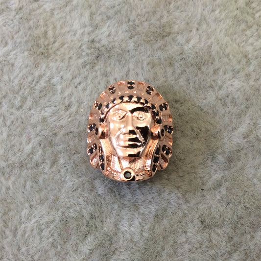 Rose Gold Plated CZ Cubic Zirconia Inlaid Native American Head Shaped Bead Black CZ - Measures ~ 13mm x 15mm,  - Sold Individually, RANDOM