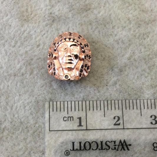 Rose Gold Plated CZ Cubic Zirconia Inlaid Native American Head Shaped Bead Black CZ - Measures ~ 13mm x 15mm,  - Sold Individually, RANDOM