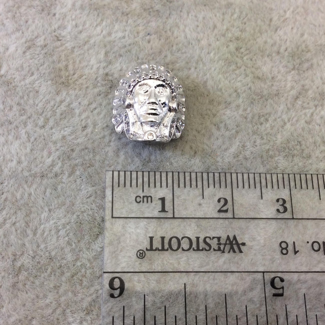 Silver Plated CZ Cubic Zirconia Inlaid Native American Head Shaped Bead White CZ - Measures 13mm x 15mm, Approx. - Sold Individually, RANDOM