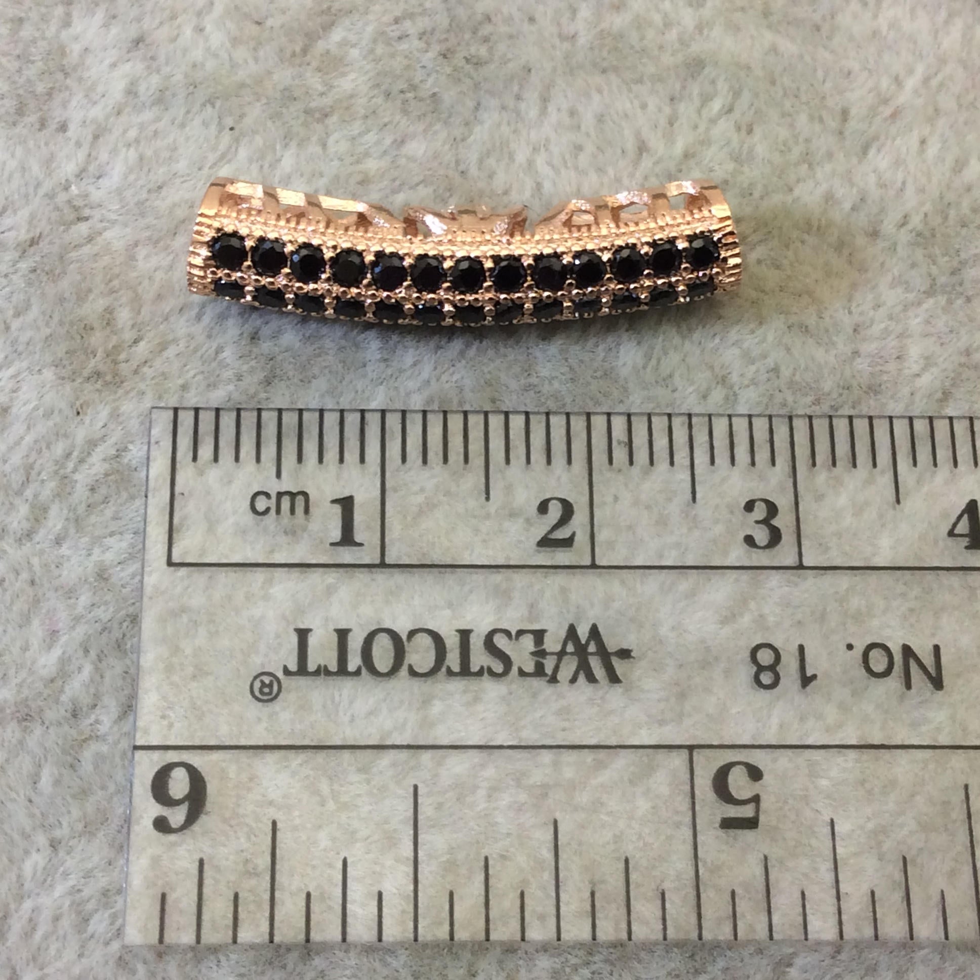 Rose Gold Plated CZ Cubic Zirconia Inlaid Curved Tube/Macaroni Shaped Bead W Black CZ - Measures ~ 5mm x 26mm,  - Sold Individually, RANDOM