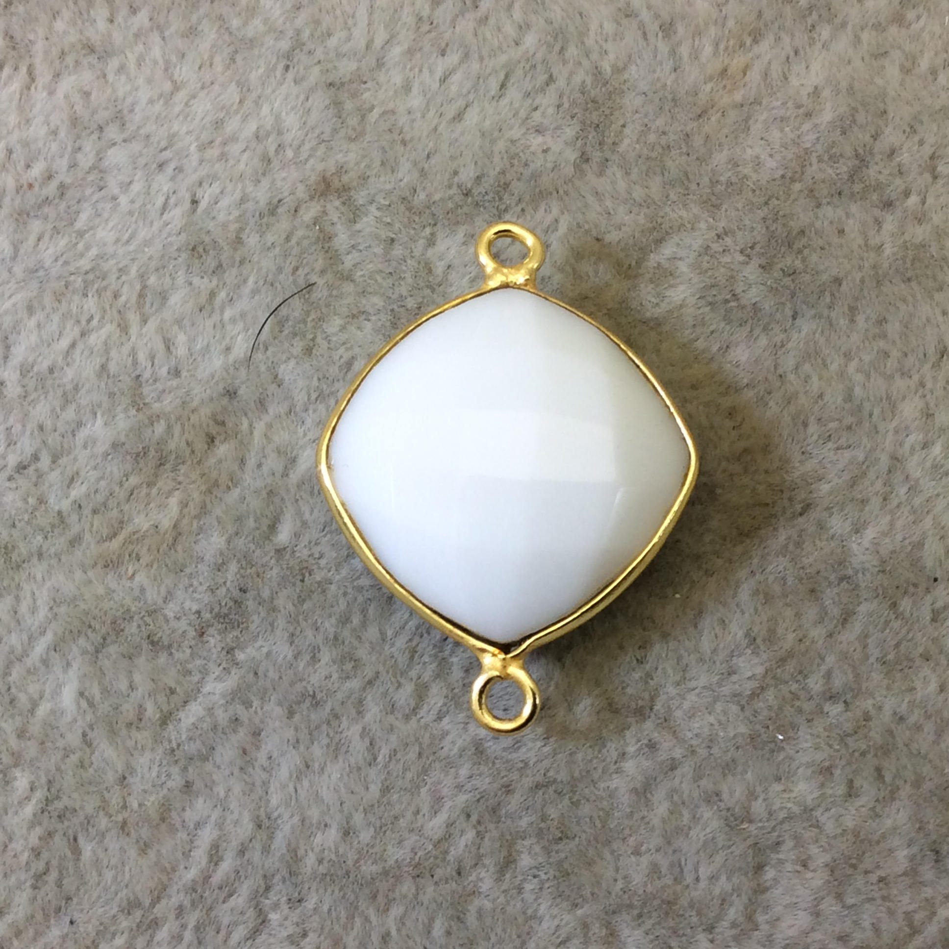 Gold Plated Faceted White Hydro (Lab Created) Chalcedony Diamond Shaped Bezel Connector - Measuring 18mm x 18mm - Sold Individually