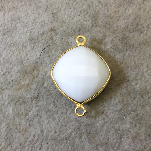Gold Plated Faceted White Hydro (Lab Created) Chalcedony Diamond Shaped Bezel Connector - Measuring 18mm x 18mm - Sold Individually