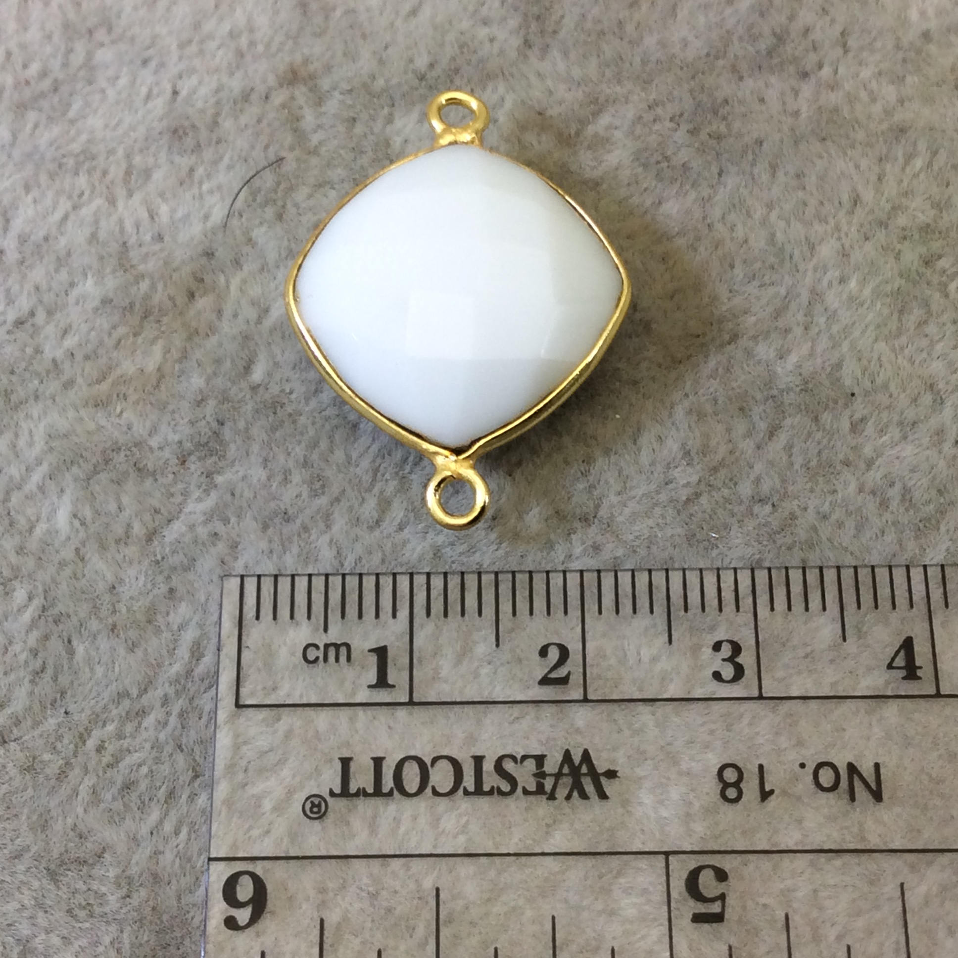 Gold Plated Faceted White Hydro (Lab Created) Chalcedony Diamond Shaped Bezel Connector - Measuring 18mm x 18mm - Sold Individually