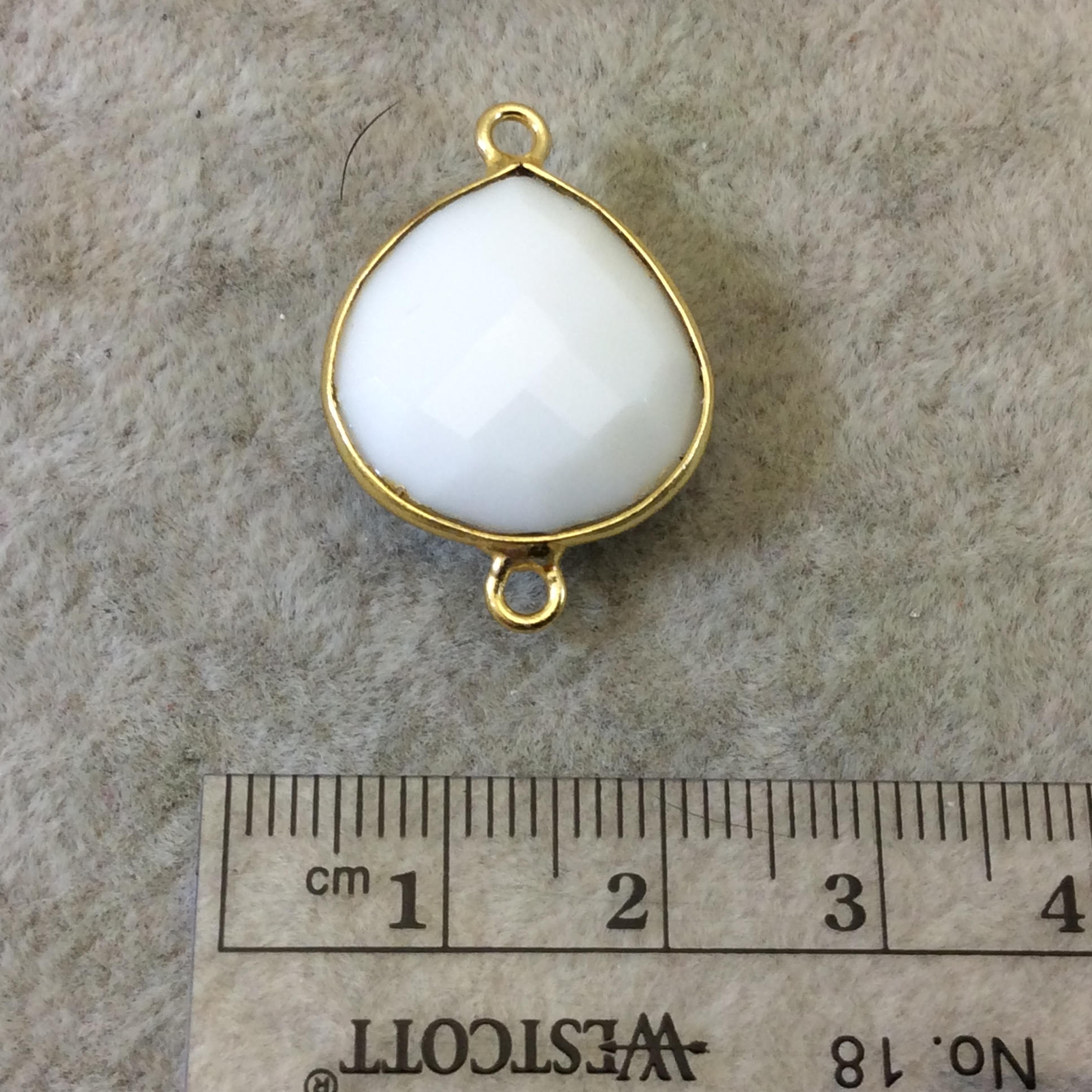 Gold Plated Faceted White Hydro (Lab Created) Chalcedony Heart/Teardrop Bezel Connector - Measuring 18mm x 18mm - Sold Individually