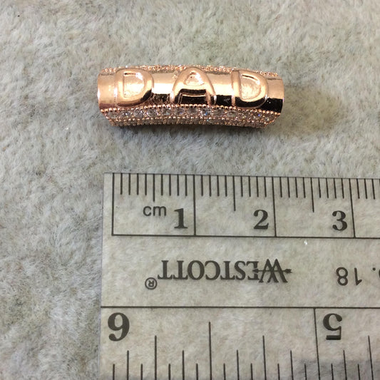 Rose Gold Plated CZ Cubic Zirconia Inlaid Curved Tube/Macaroni Shaped "DAD" Bead W White CZ -  ~ 7mm x 21mm,  - Sold Individually, Random