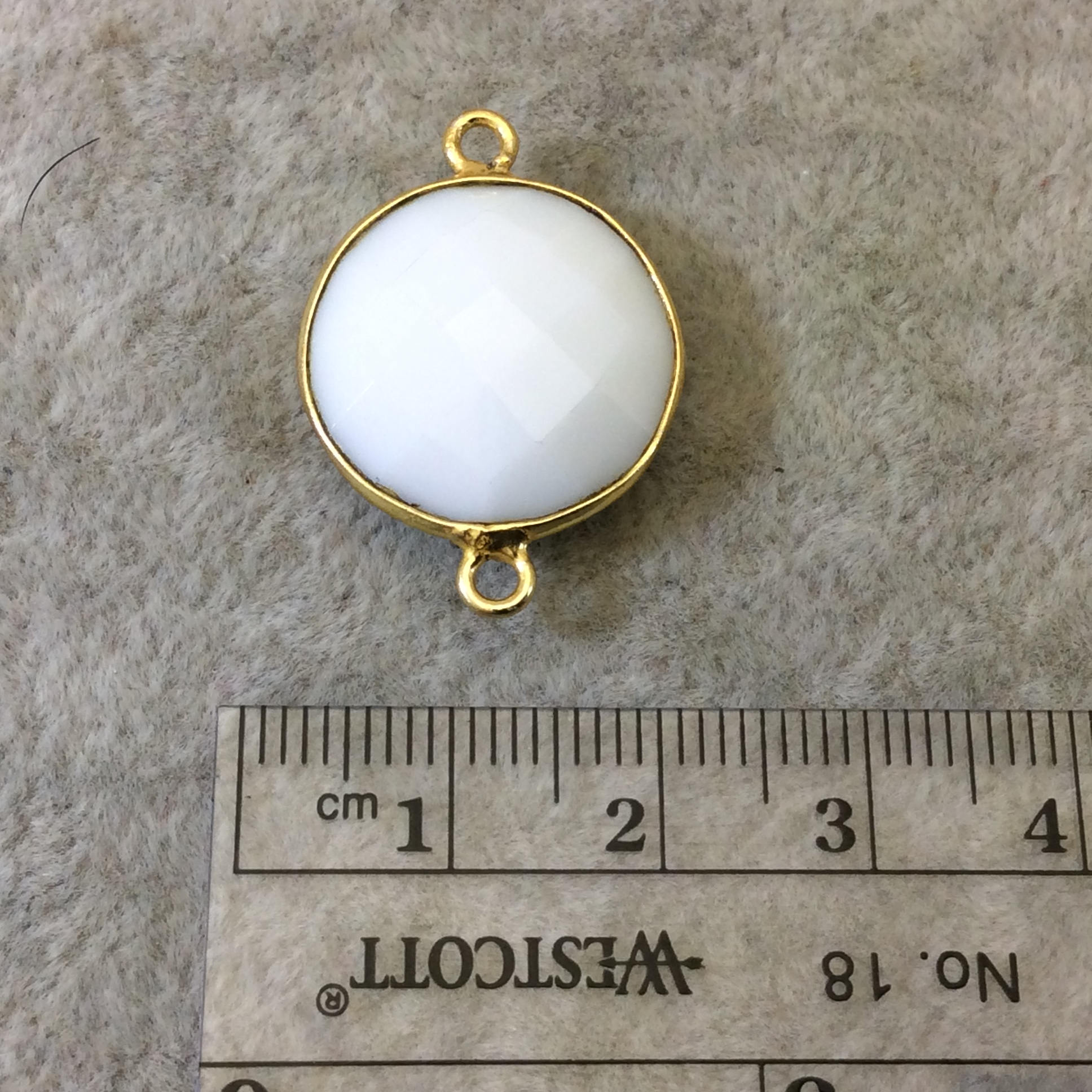 Gold Plated Faceted White Hydro (Lab Created) Chalcedony Round/Coin Shaped Bezel Connector - Measuring 18mm x 18mm - Sold Individually