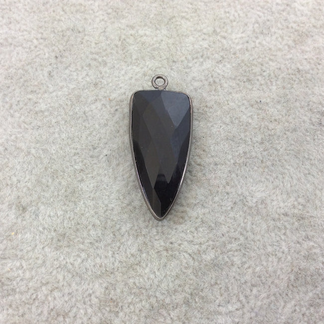 Gunmetal Plated Faceted Black Hydro (Lab Created) Onyx Inverted Triangle Shaped Bezel Pendant - Measuring 12mm x 28mm - Sold Individually