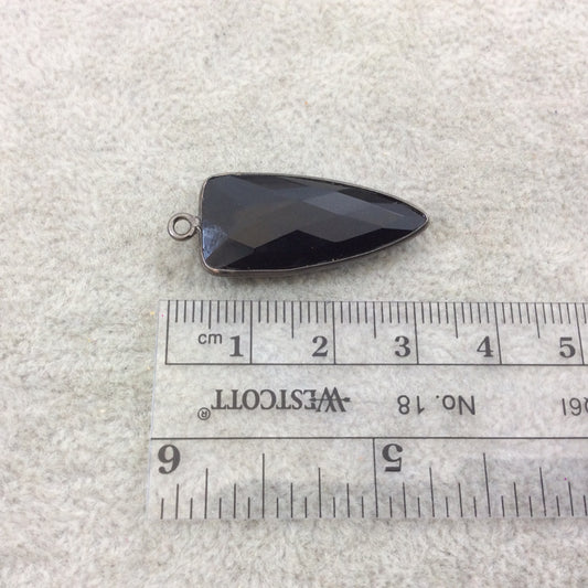 Gunmetal Plated Faceted Black Hydro (Lab Created) Onyx Inverted Triangle Shaped Bezel Pendant - Measuring 12mm x 28mm - Sold Individually