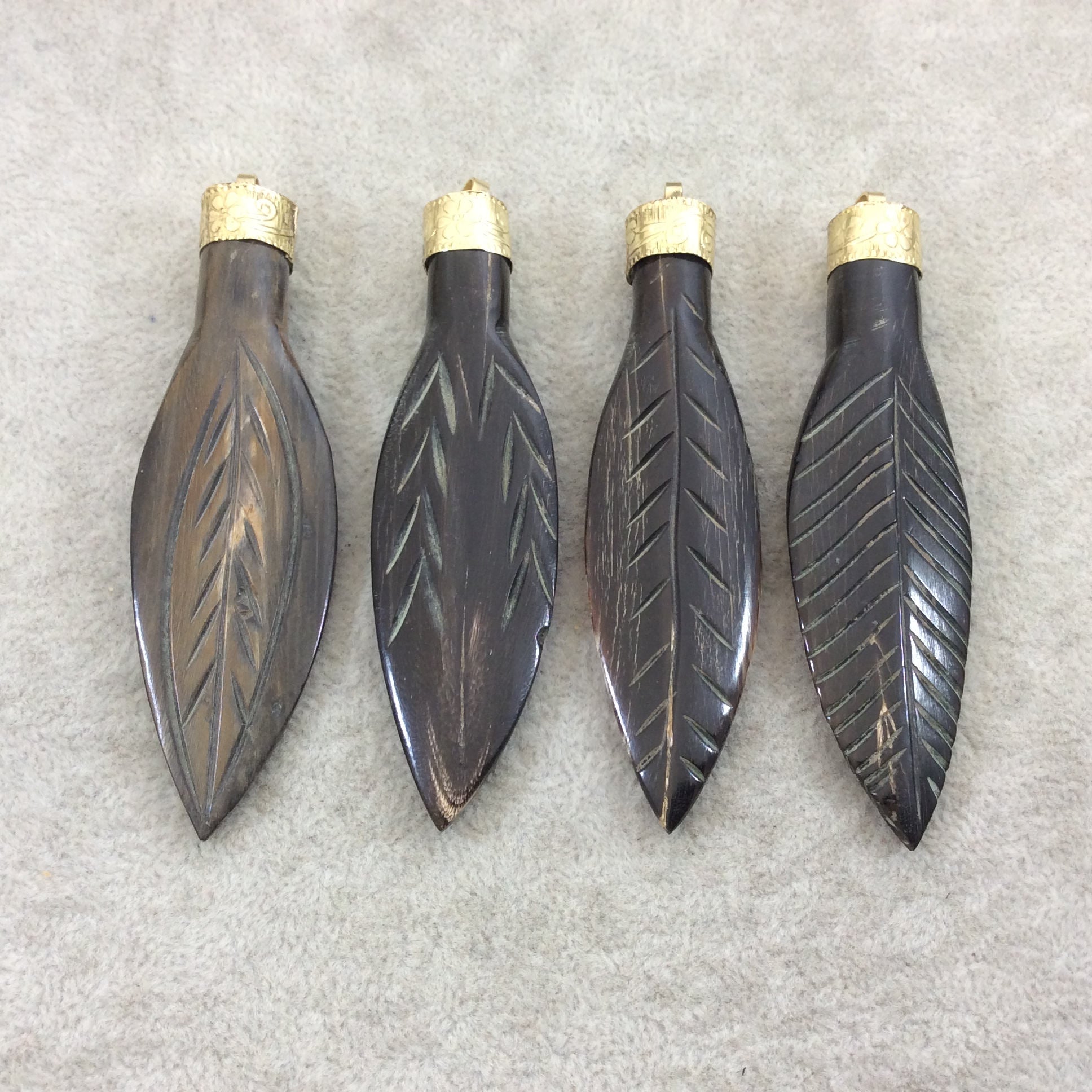 3.5" Brown Carved Feather/Leaf Shaped Natural Horn Pendant with Gold Floral Cap, Four Styles to Choose From! - Measures 12mm x 85mm, Approx.