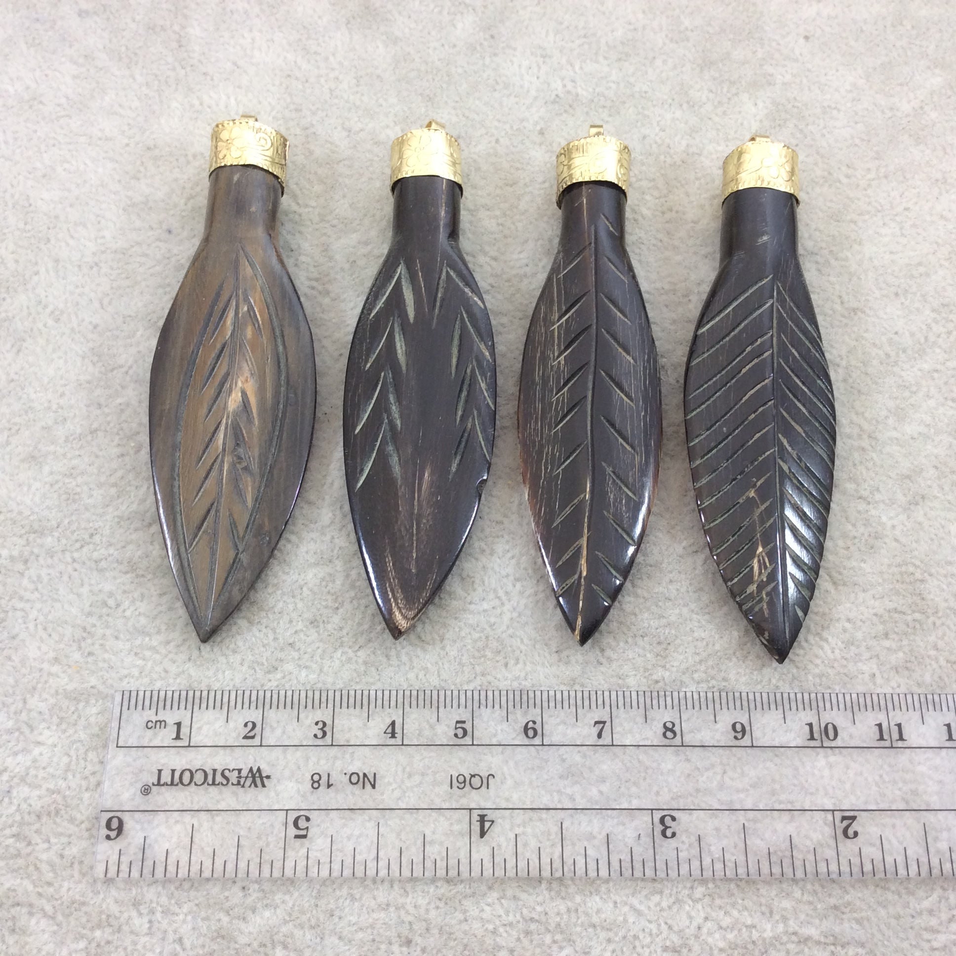 3.5" Brown Carved Feather/Leaf Shaped Natural Horn Pendant with Gold Floral Cap, Four Styles to Choose From! - Measures 12mm x 85mm, Approx.