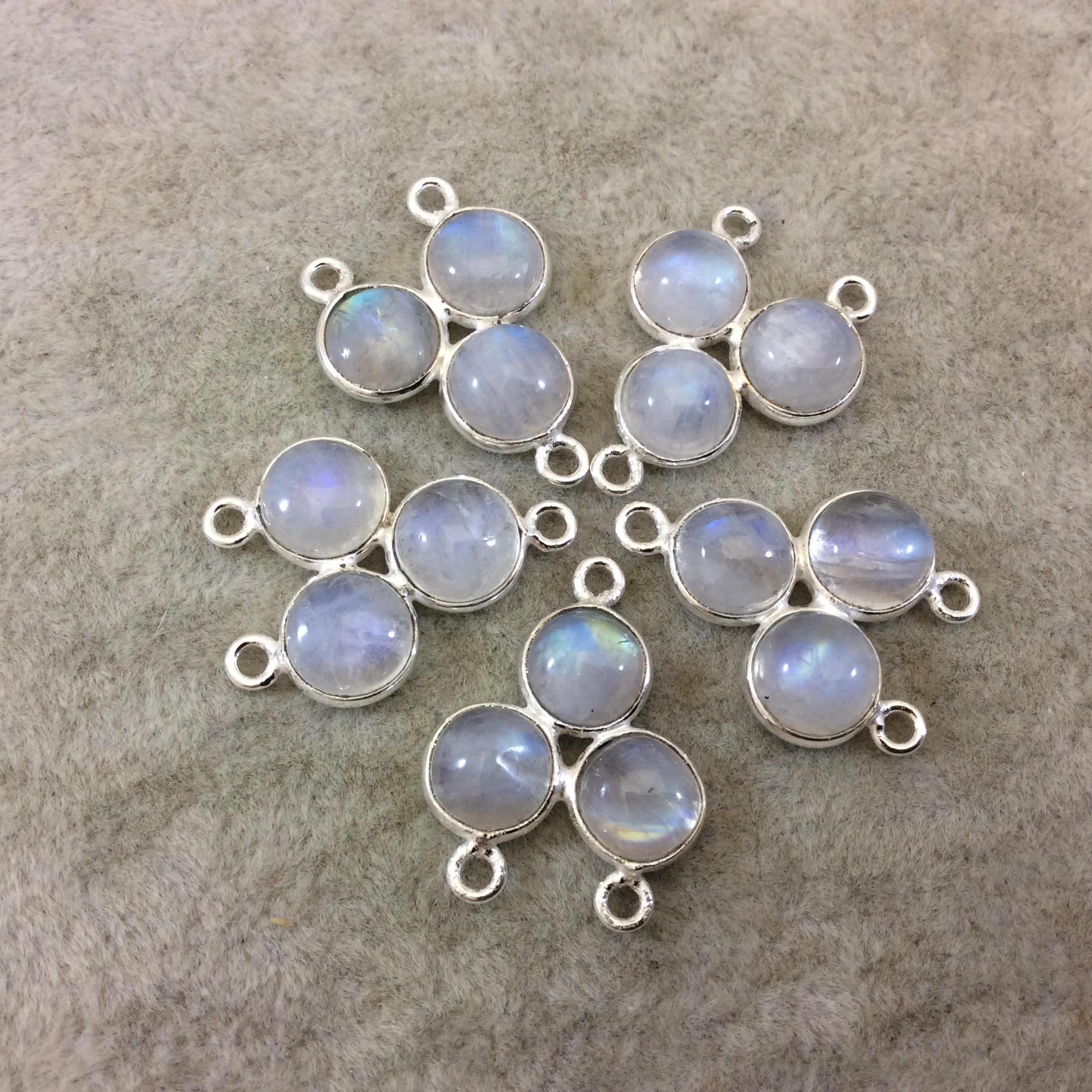 18mm x 18mm Silver Finish Smooth Natural Rainbow Moonstone 3 Stone (8mm) Trillion Shape Plated Copper Bezel 3 Ring Connector- Sold  Indiv