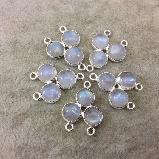 18mm x 18mm Silver Finish Smooth Natural Rainbow Moonstone 3 Stone (8mm) Trillion Shape Plated Copper Bezel 3 Ring Connector- Sold  Indiv