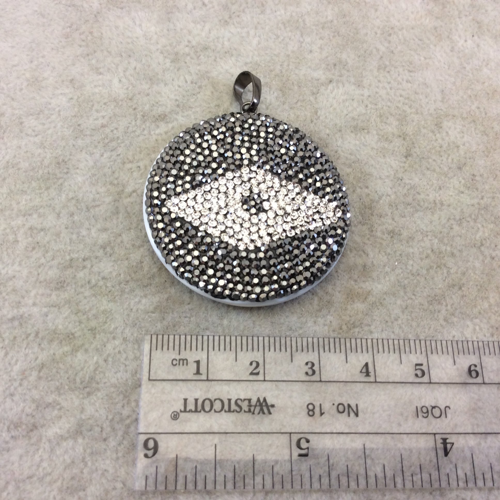 Pave Rhinestone Encrusted Abstract Eye Shaped Abalone Pendant with Gray/White Rhinestones and Attached Bail - Measuring 39mm x 39mm, Approx.