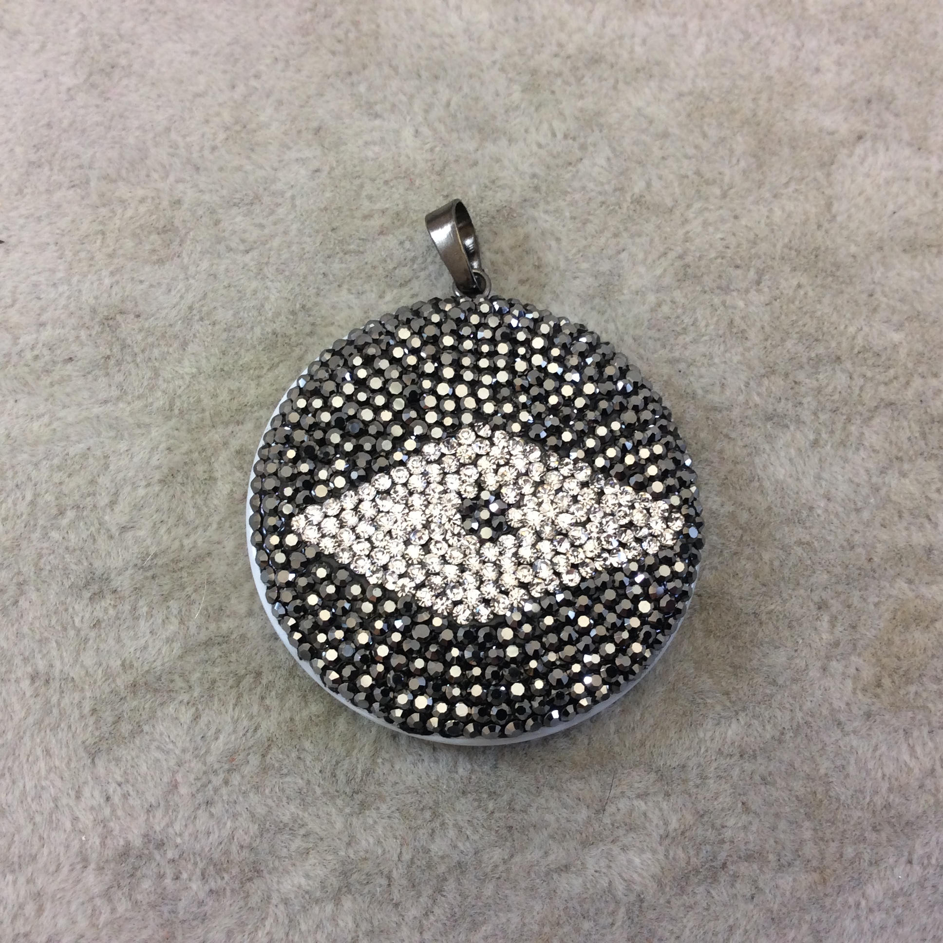 Pave Rhinestone Encrusted Abstract Eye Shaped Abalone Pendant with Gray/White Rhinestones and Attached Bail - Measuring 39mm x 39mm, Approx.
