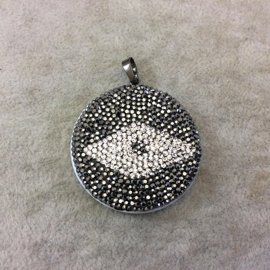 Pave Rhinestone Encrusted Abstract Eye Shaped Abalone Pendant with Gray/White Rhinestones and Attached Bail - Measuring 39mm x 39mm, Approx.