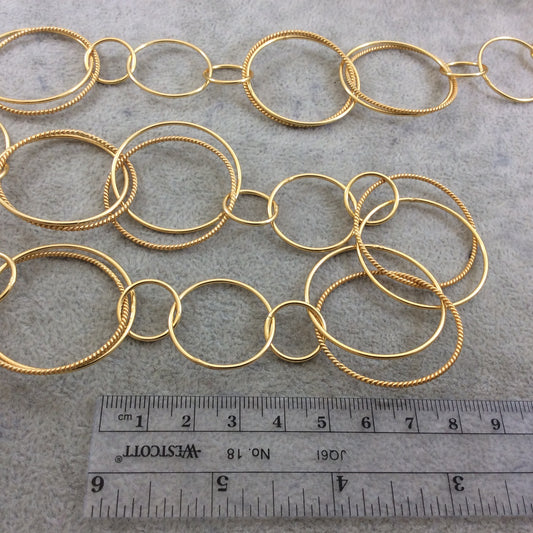 Gold Plated Copper Alternating Double Circles Link Chain - 35mm Smooth/Twist Circle Links With 15 & 25mm Small Circles - Sold By the Foot