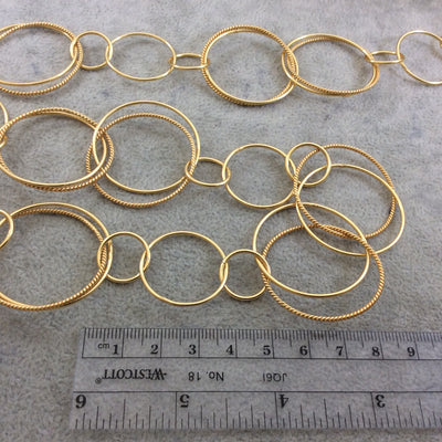 Gold Plated Copper Alternating Double Circles Link Chain - 35mm Smooth/Twist Circle Links With 15 & 25mm Small Circles - Sold By the Foot
