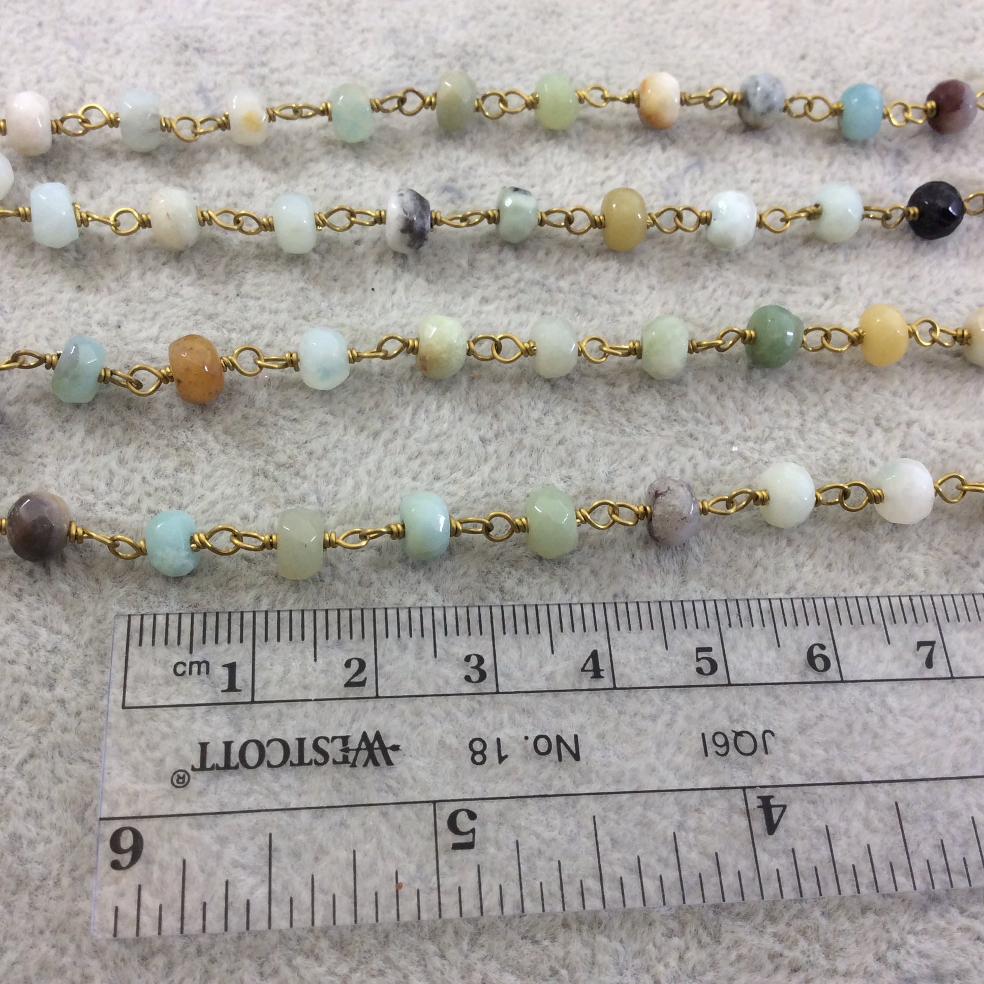 Gold Plated Copper Wrapped Rosary Chain with 4mm x 6mm Faceted Natural Amazonite Rondelle Shaped Beads - Sold by the Foot!  (CH314-GD)