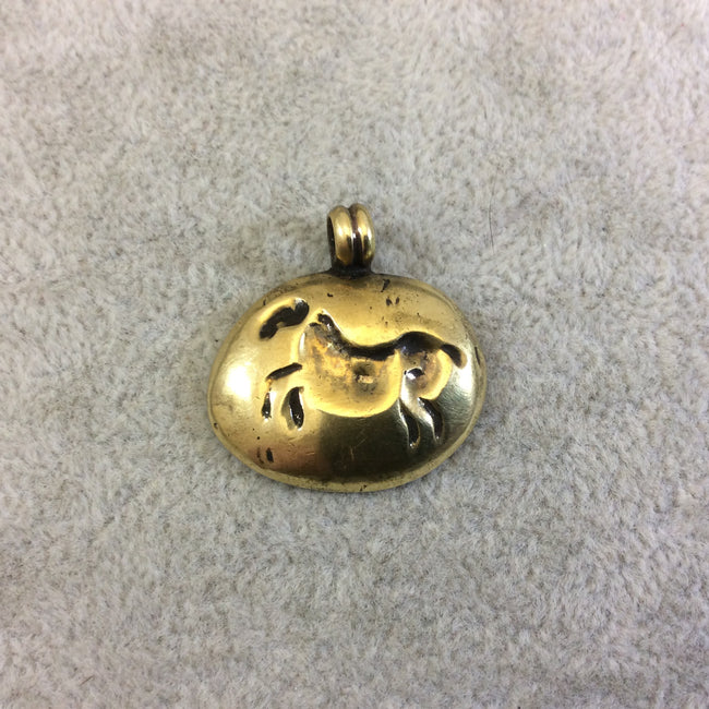 19mm x 26mm Oxidized Gold Plated Rustic Cast Galloping Horse Icon Copper Oval Shaped Pendant w/ Attached Ring  - Sold Individually (K-73)