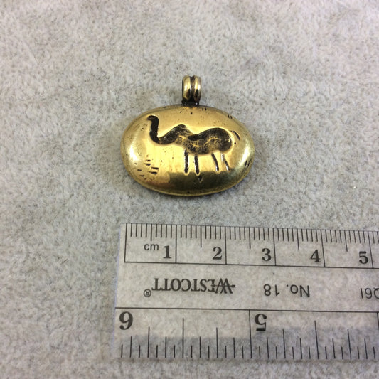 20mm x 27mm Oxidized Gold Plated Rustic Cast Bugling Elephant Icon Copper Oval Shape Pendant w/ Attached Ring  - Sold Individually (K-79)