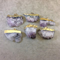 Single Gold Plated Natural Amethyst Druzy Freeform Slice Shaped Pendant w/ Bail - Measures ~ 30-40mm Wide (1.5") - Sold Individually, Random