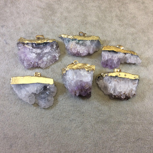 Single Gold Plated Natural Amethyst Druzy Freeform Slice Shaped Pendant w/ Bail - Measures ~ 30-40mm Wide (1.5") - Sold Individually, Random