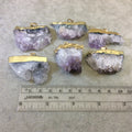 Single Gold Plated Natural Amethyst Druzy Freeform Slice Shaped Pendant w/ Bail - Measures ~ 30-40mm Wide (1.5") - Sold Individually, Random