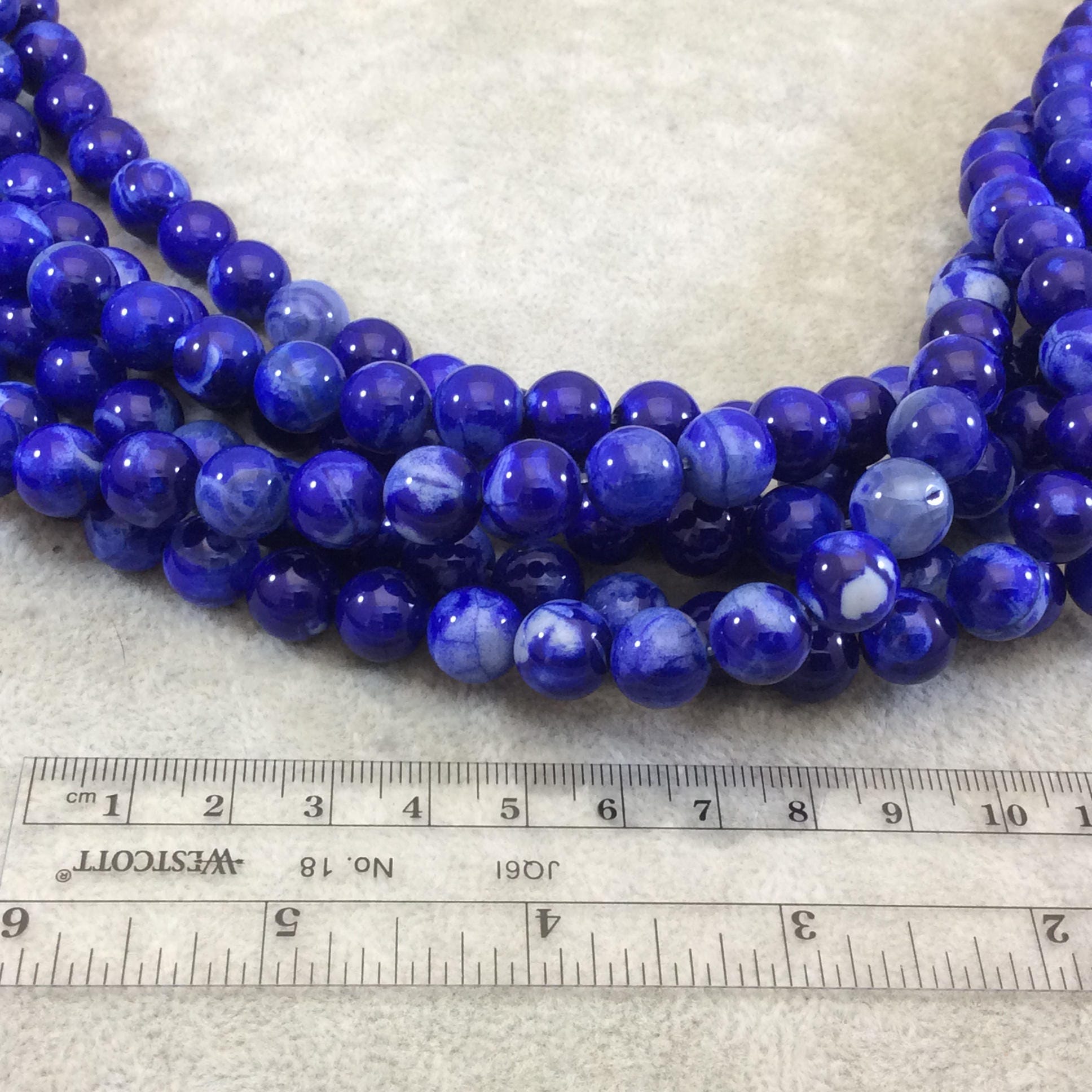 10mm Smooth Blue Mottled Dyed Agate Round/Ball Shaped Beads with 1mm Holes - Sold by 15.75" Strands (~ 39 Beads) - Quality Gemstone!