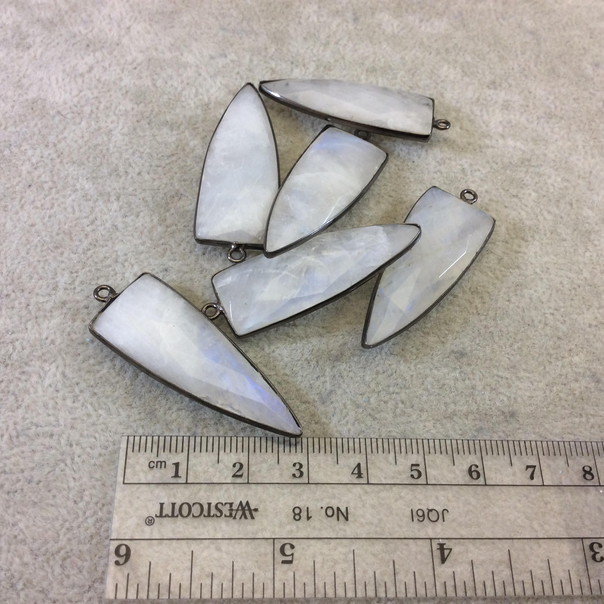 Gunmetal Plated Faceted Natural Rainbow Moonstone Inverted Triangle Shaped Bezel Pendant - Measuring 15mm x 40mm - Sold Individually