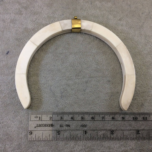 4.5" White/Ivory Crescent Shaped Natural Ox Bone Pendant with Flat Sides and Gold Bail - Measuring 115mm x 95mm, Approx.