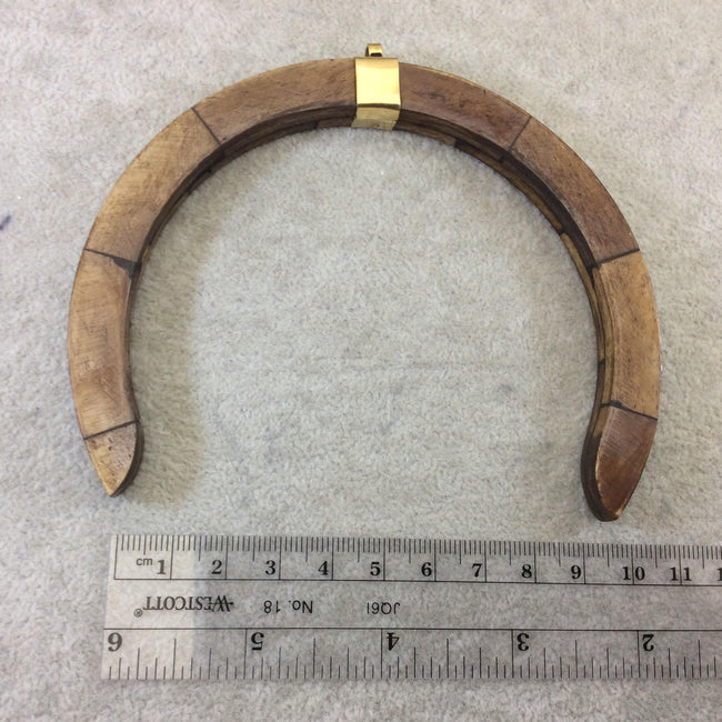 4.5" Brown Crescent Shaped Natural Ox Bone Pendant with Flat Sides and Gold Bail - Measuring 115mm x 95mm, Approx.