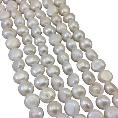 10mm (9-11mm) Smooth Natural A Quality White Freshwater Pearl Button Beads with 2mm Large Holes - Sold by 14" Strands (Approx. 36 Beads)