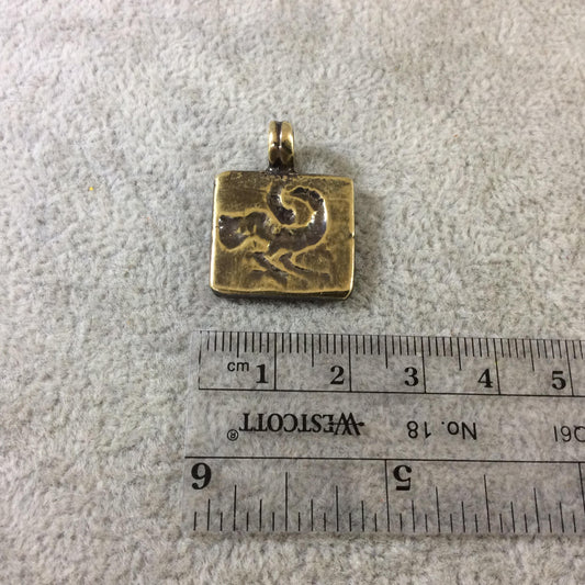 19mm x 19mm Oxidized Gold Plated Rustic Cast Standing Bird Icon Copper Square Shaped Pendant w/ Attached Ring  - Sold Individually (K-87)