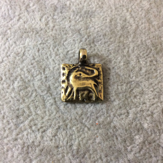 15mm x 15mm Oxidized Gold Plated Rustic Cast Standing Elephant Icon Copper Square Shape Pendant W Attached Ring  - Sold Individually (K-102)