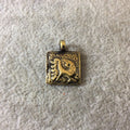 15mm x 15mm Oxidized Gold Plated Rustic Cast Standing Peacock Icon Copper Square Shape Pendant W Attached Ring  - Sold Individually (K-103)
