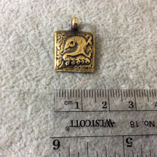 15mm x 15mm Oxidized Gold Plated Rustic Cast Walking Fish Icon Copper Square Shape Pendant W Attached Ring  - Sold Individually (K-104)