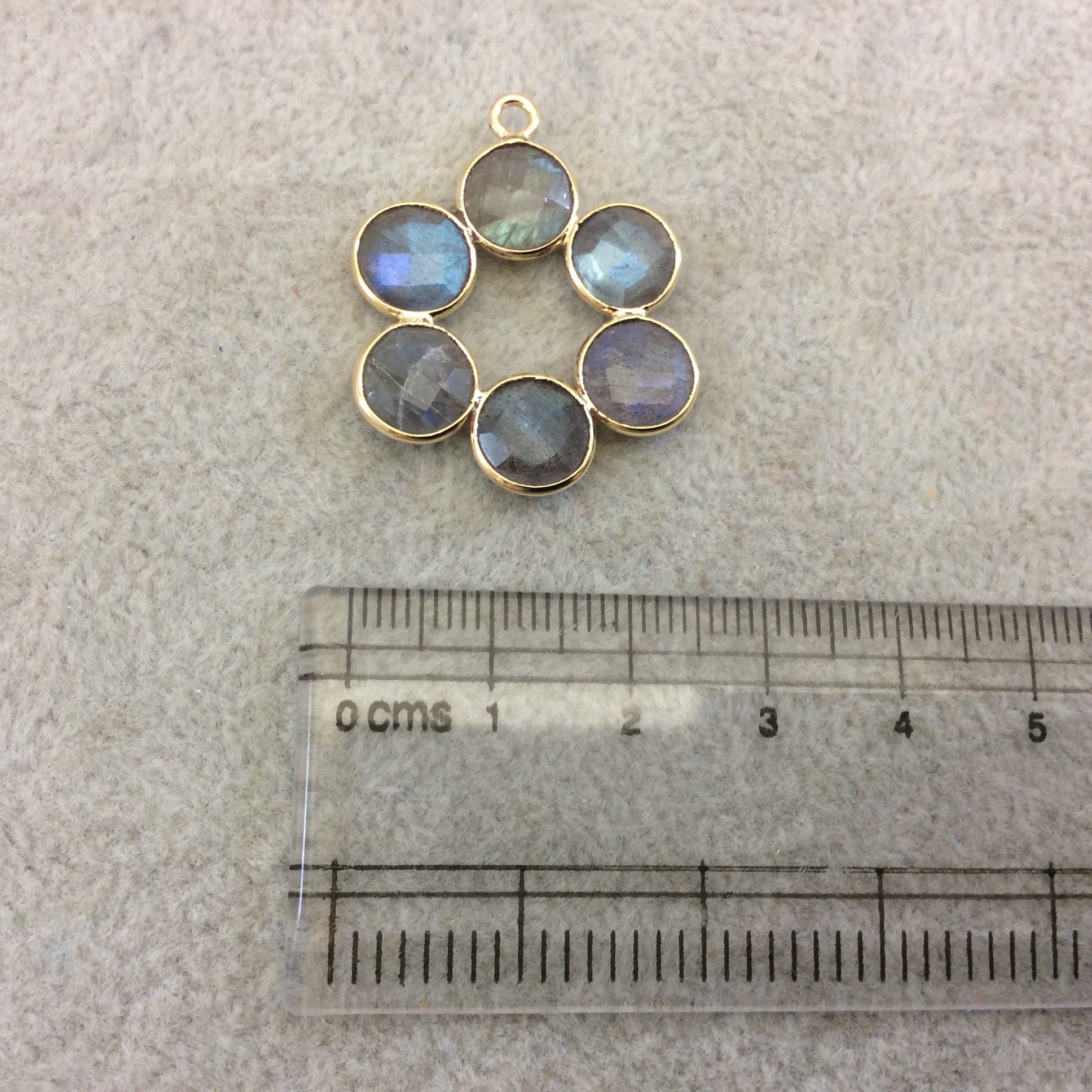 Labradorite Bezel | 26mm Gold Finish Faceted Natural Flashy 6 Petal (8mm) Flower Shaped Plated Copper Pendant - Sold Individually, Random