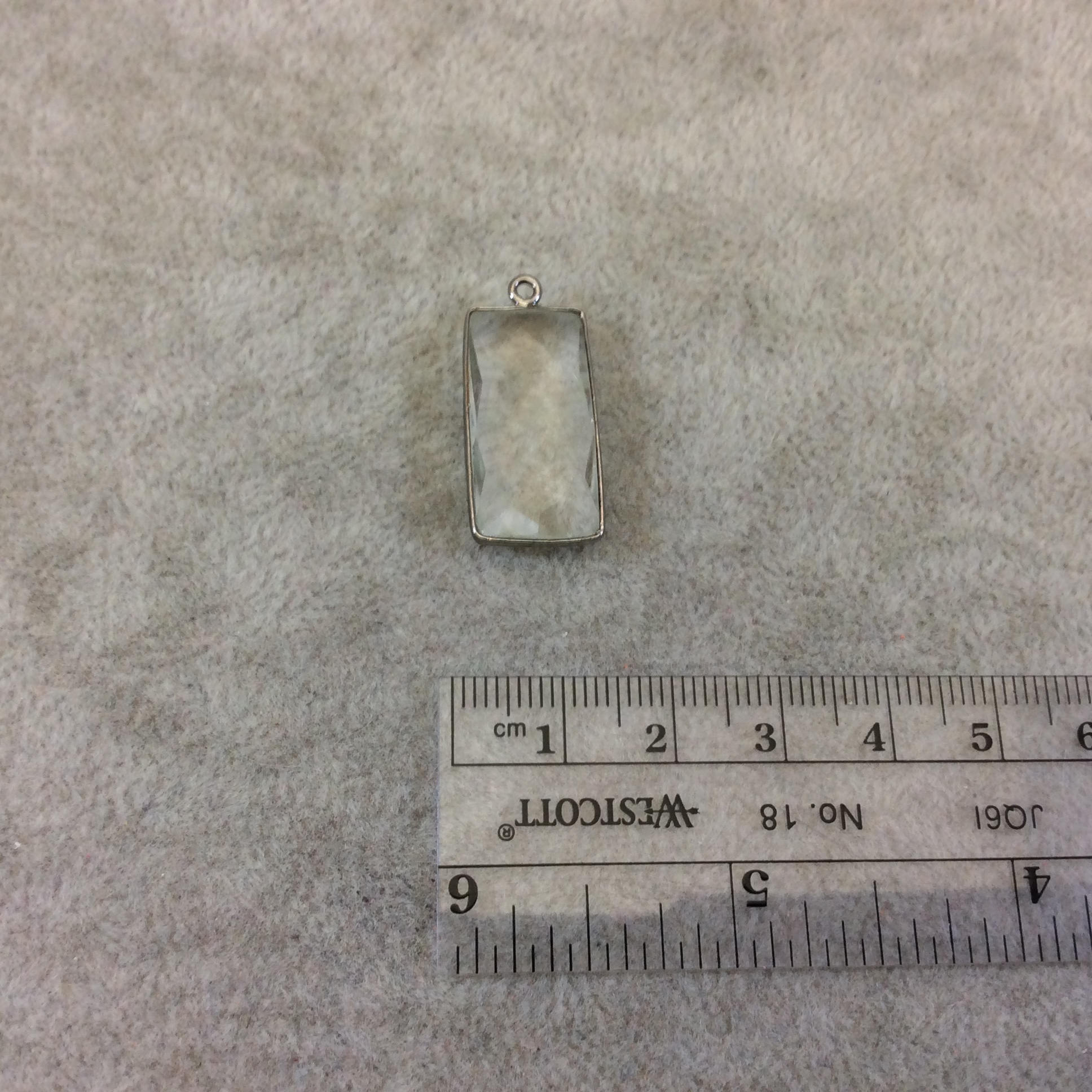 Gunmetal Plated Faceted Clear Hydro (Lab Created) Quartz Rectangle Shaped Bezel Pendant - Measuring 12mm x 25mm - Sold Individually