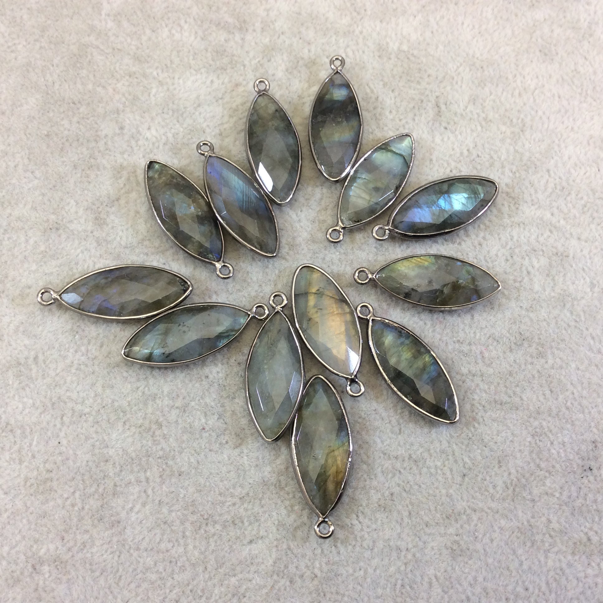 Labradorite Bezel | Gunmetal Plated Faceted Natural Marquise Shaped Pendant - Measuring 10mm x 25mm - Sold Individually, Chosen Randomly