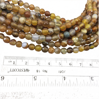 6mm Natural Mixed Yellow/Brown Agate Faceted Glossy Round/Ball Shape Beads W 1.5mm Holes - 7.5" Strand (Approx. 32 Beads) - LARGE HOLE BEADS