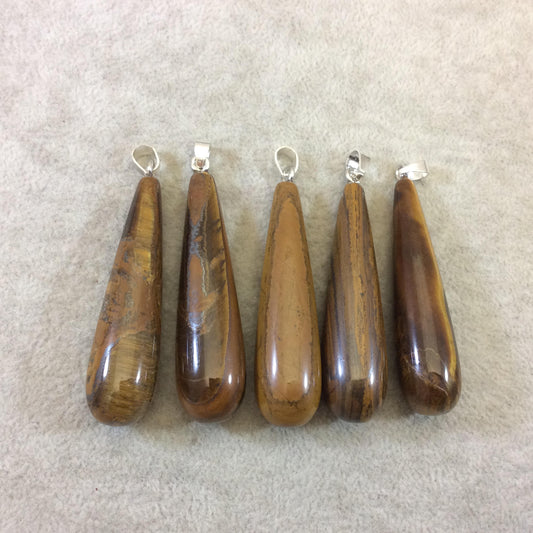 Single Natural Tiger Eye Teardrop/Pear Shaped Pendant with Silver Bail - Measuring 15mm x 50-55mm, Approx. - Sold Individually, Random